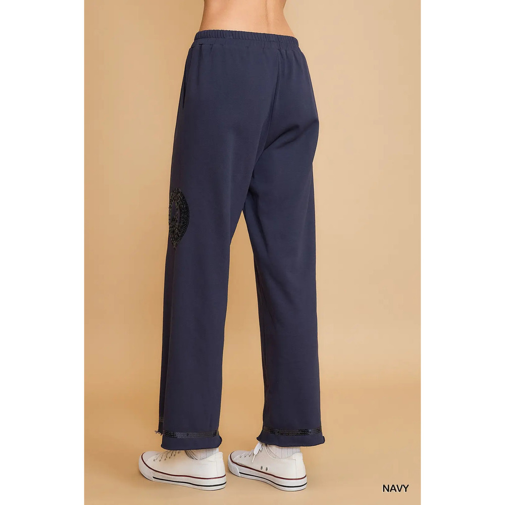 K9222-T-N Umgee French Terry Peace Sequined Pants & Top Set Navy Various Sizes - Picture 4 of 4